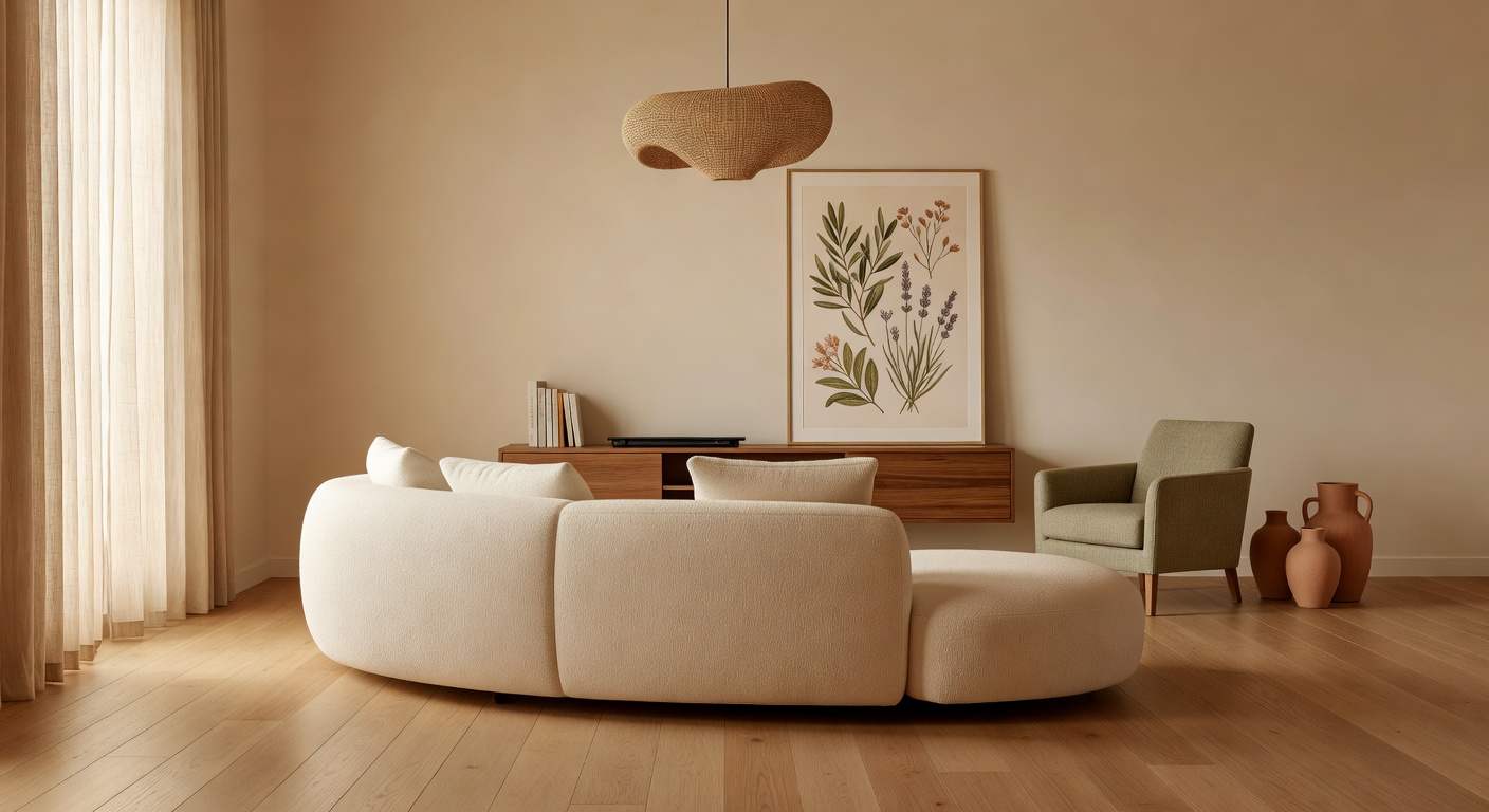 Stesso salotto dopo il redesign con DecorAI: stile moderno contemporaneo, parquet chiaro, divano in lino ivory e accenti verde salvia