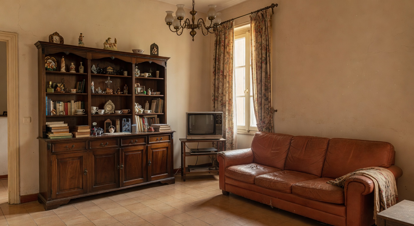 Salotto italiano prima del restyling con DecorAI – AI Interior Design: arredamento datato e pareti cream