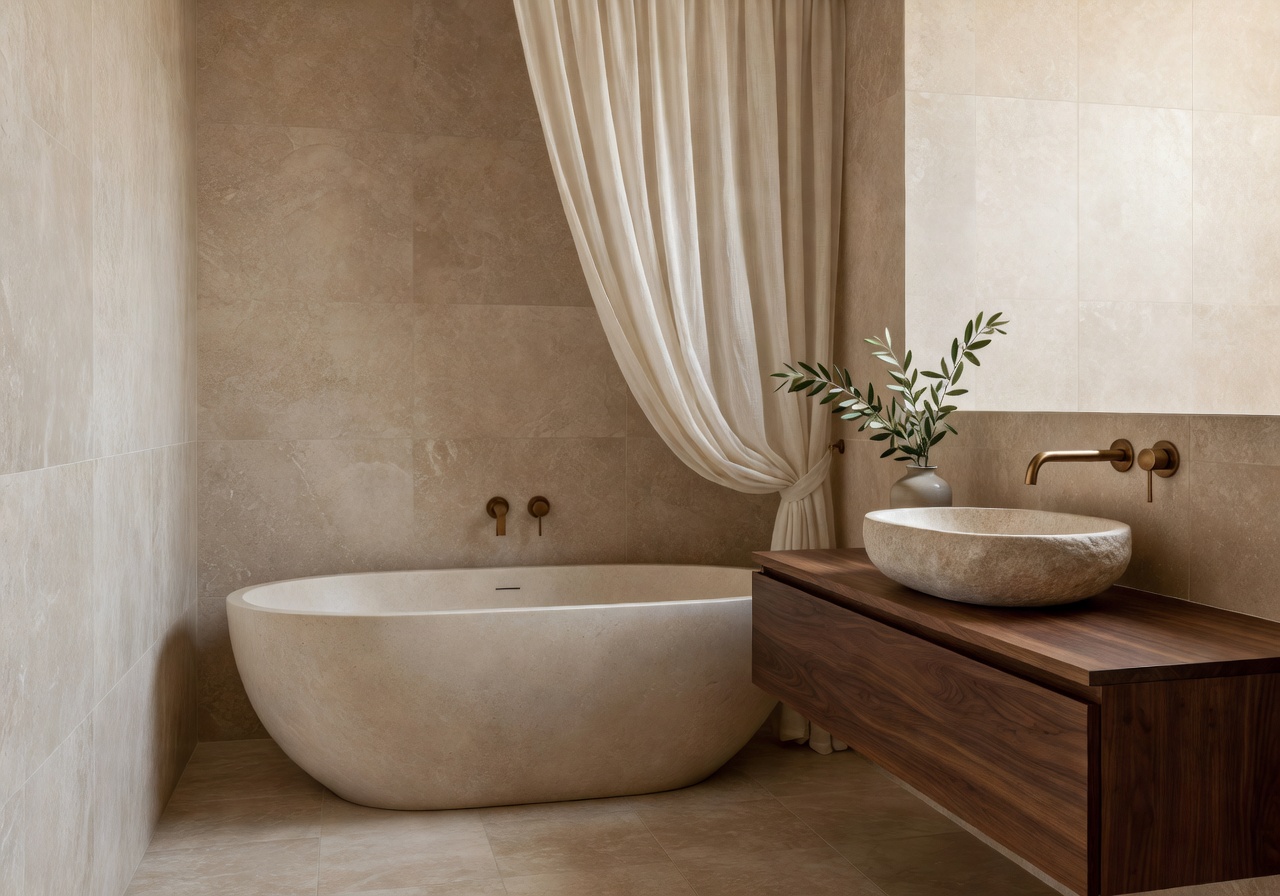 Bagno spa dopo il restyling AI con travertino e vasca freestanding