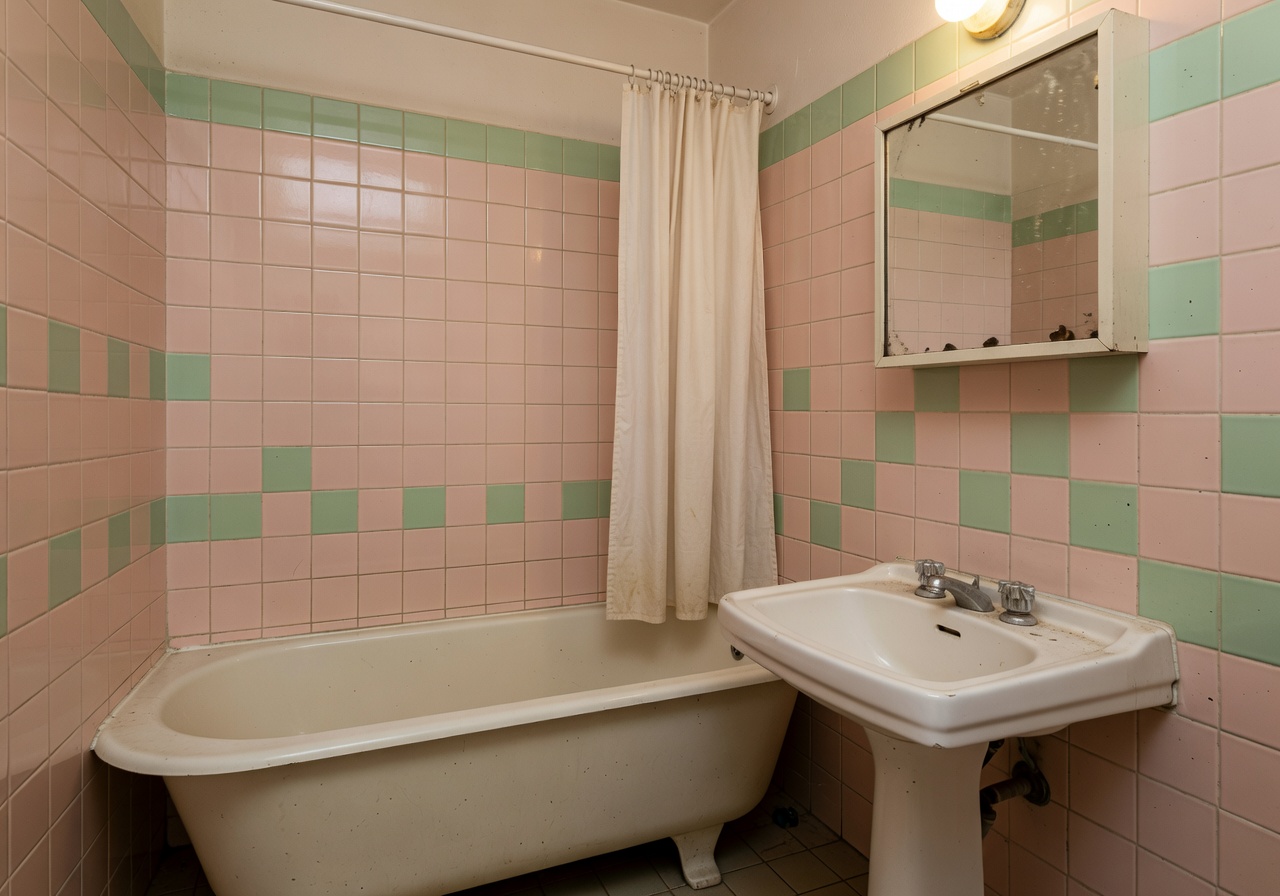 Bagno italiano con piastrelle rosa e verdi prima del restyling con l'AI