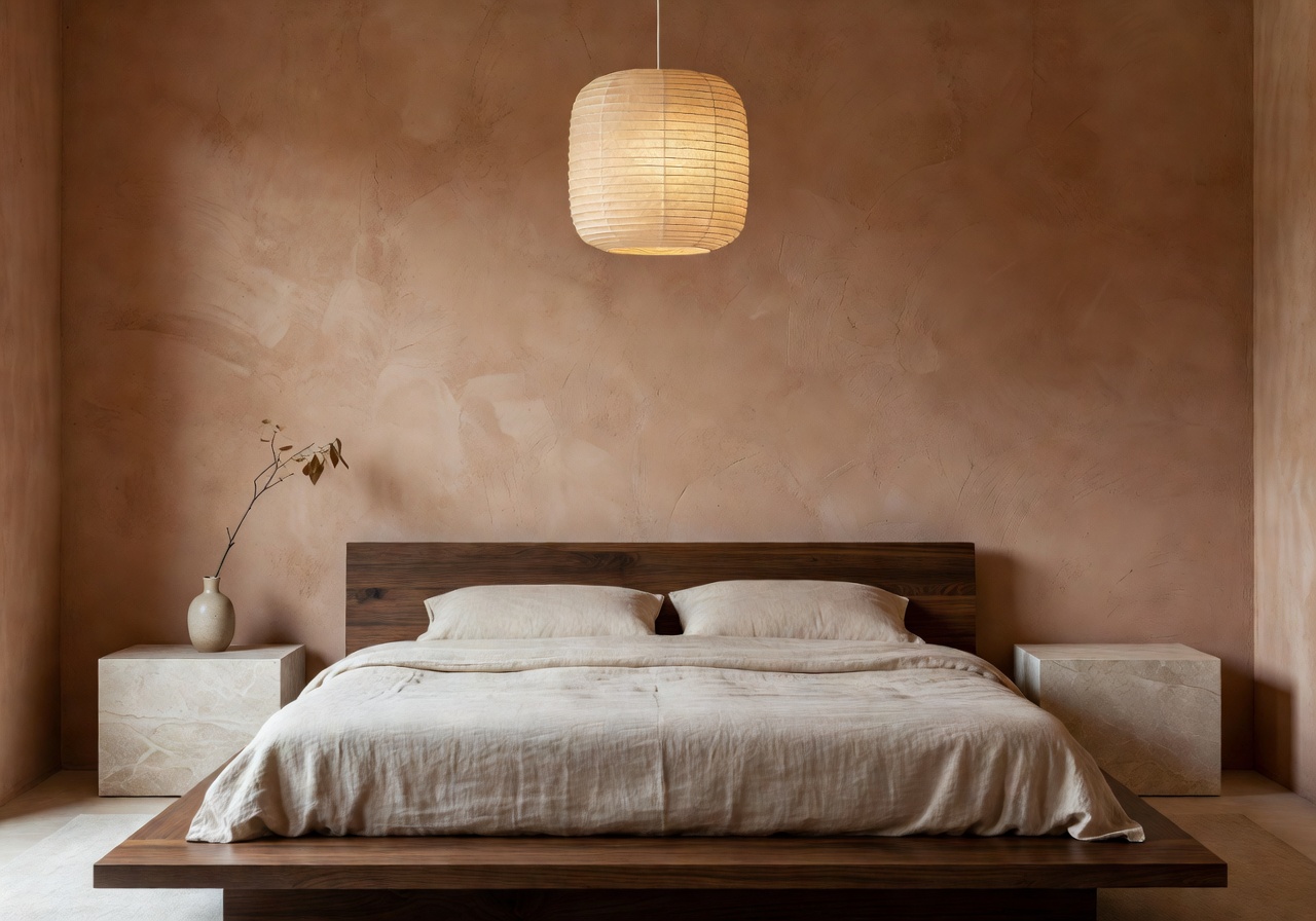 Camera da letto japandi dopo il restyling AI con letto basso in noce e parete color argilla