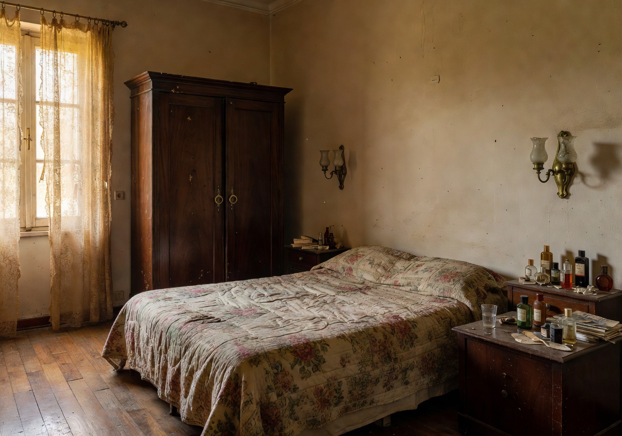 Camera da letto italiana con mobili scuri e tende floreali prima del restyling