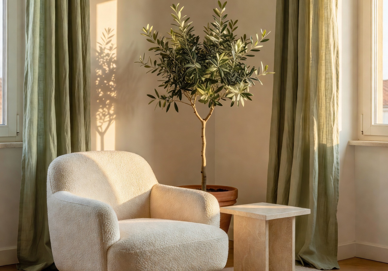 Ispirazione salotto italiano con divano in lino avorio, tavolino in travertino e ulivo in vaso terracotta