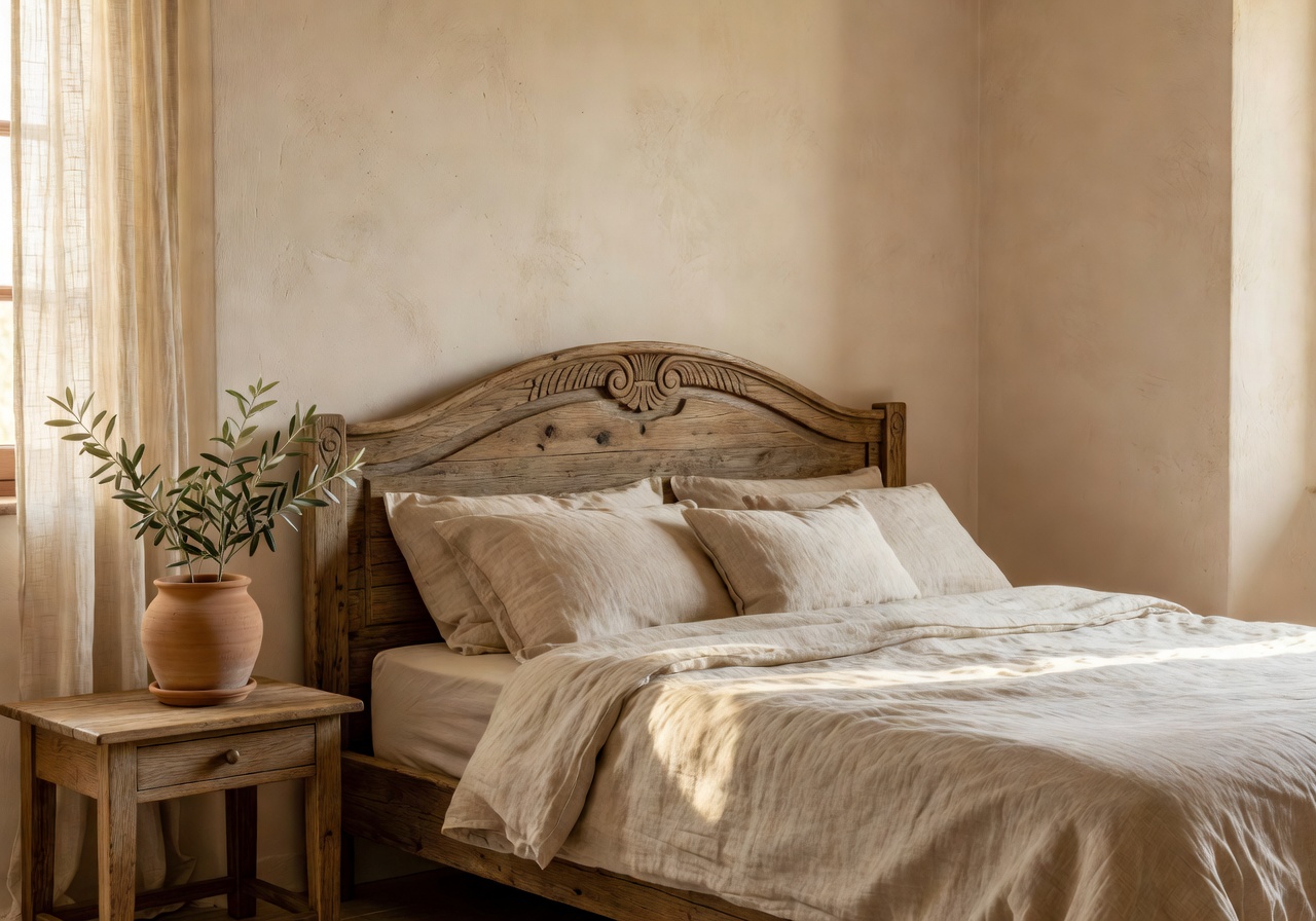 Camera da letto mediterranea con letto basso, lino naturale e vaso in terracotta con ramo d'ulivo