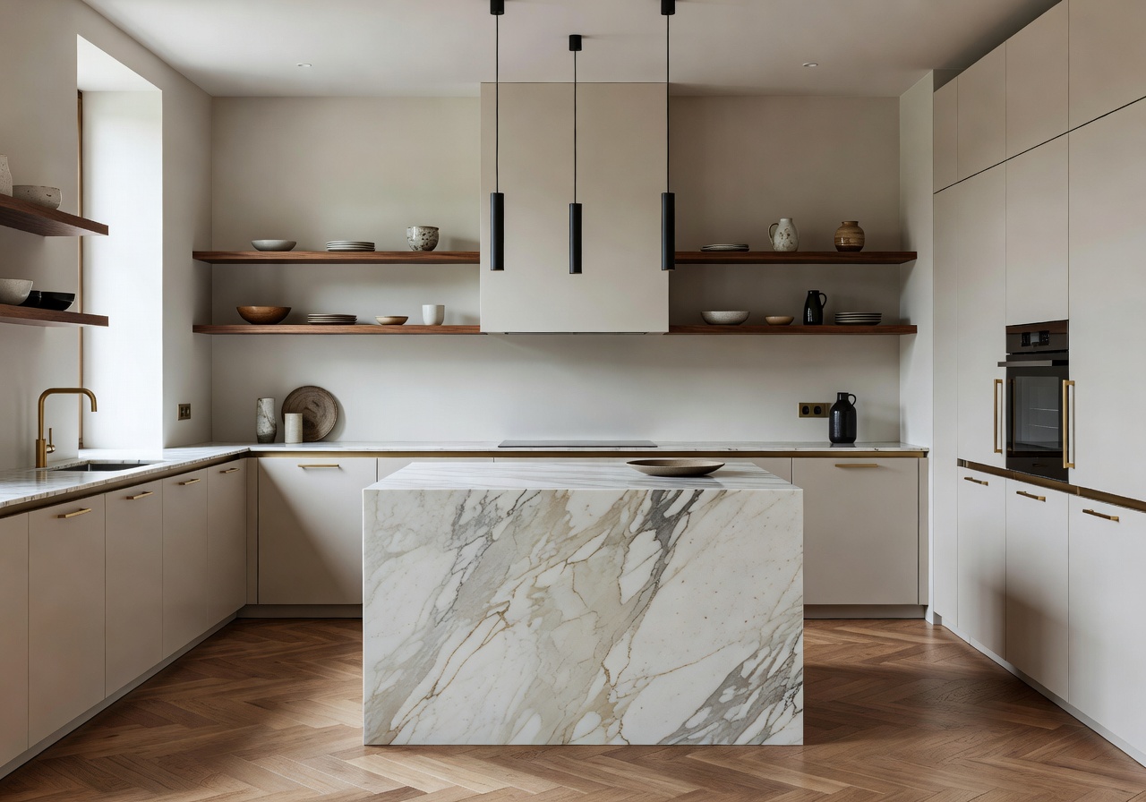 Cucina moderna dopo il restyling AI con isola in marmo Calacatta e ante color avorio