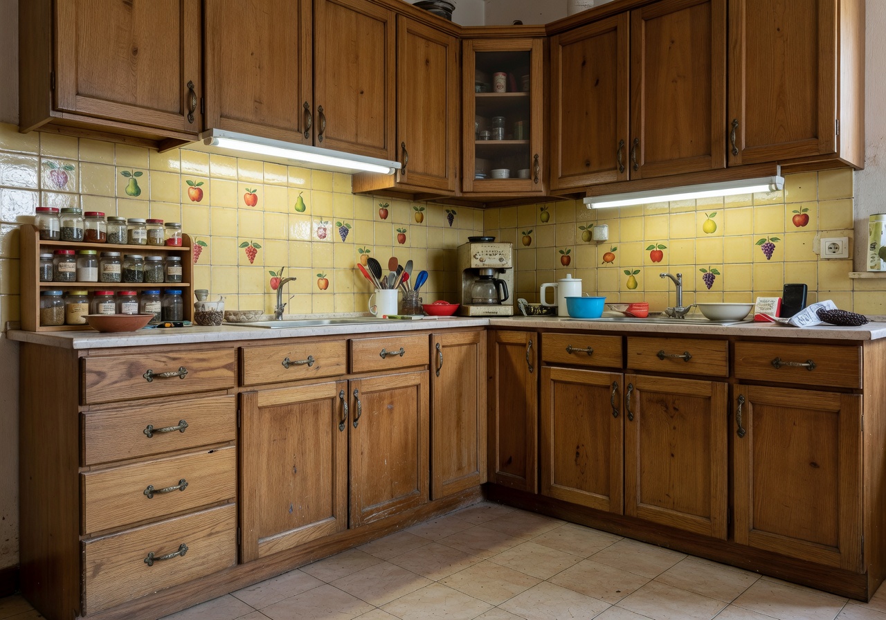 Cucina italiana datata con ante in rovere miele prima del restyling