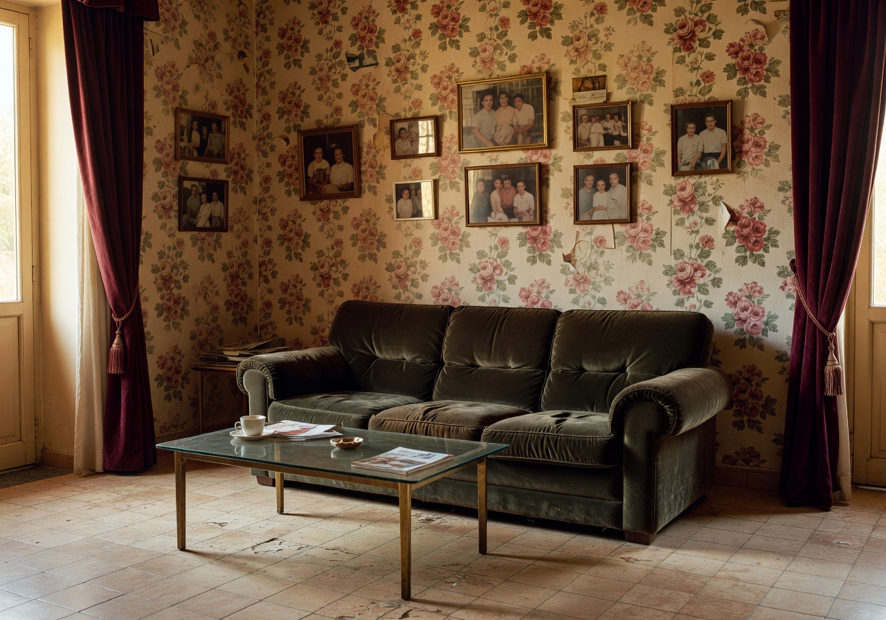 Soggiorno italiano prima del restyling con divano datato e pavimento beige