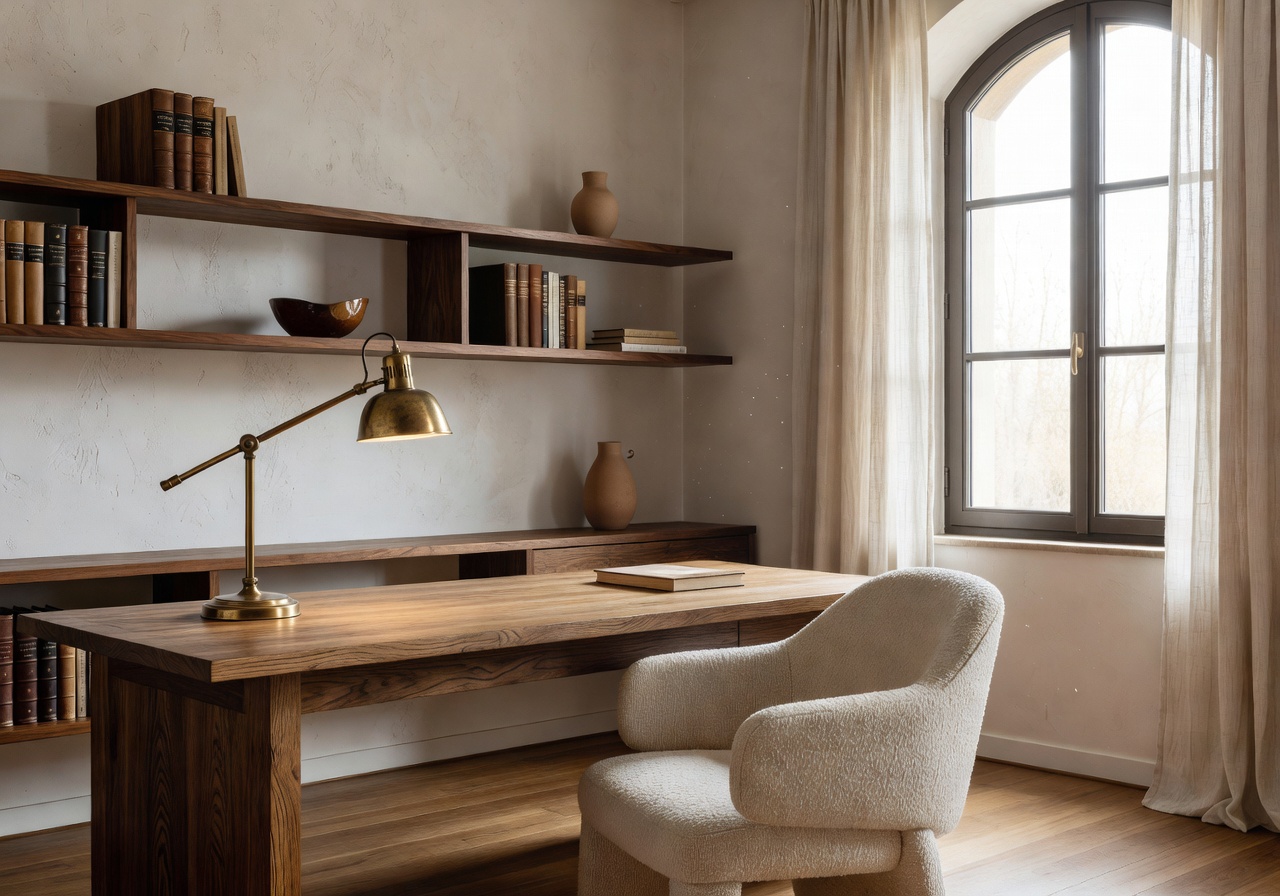 Home office in stile italiano con scrivania in rovere, parete in tadelakt color osso e sedia bouclé