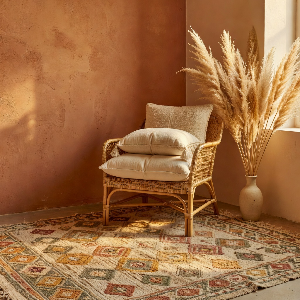 Stile boho per arredamento AI con tessuti naturali e terracotta