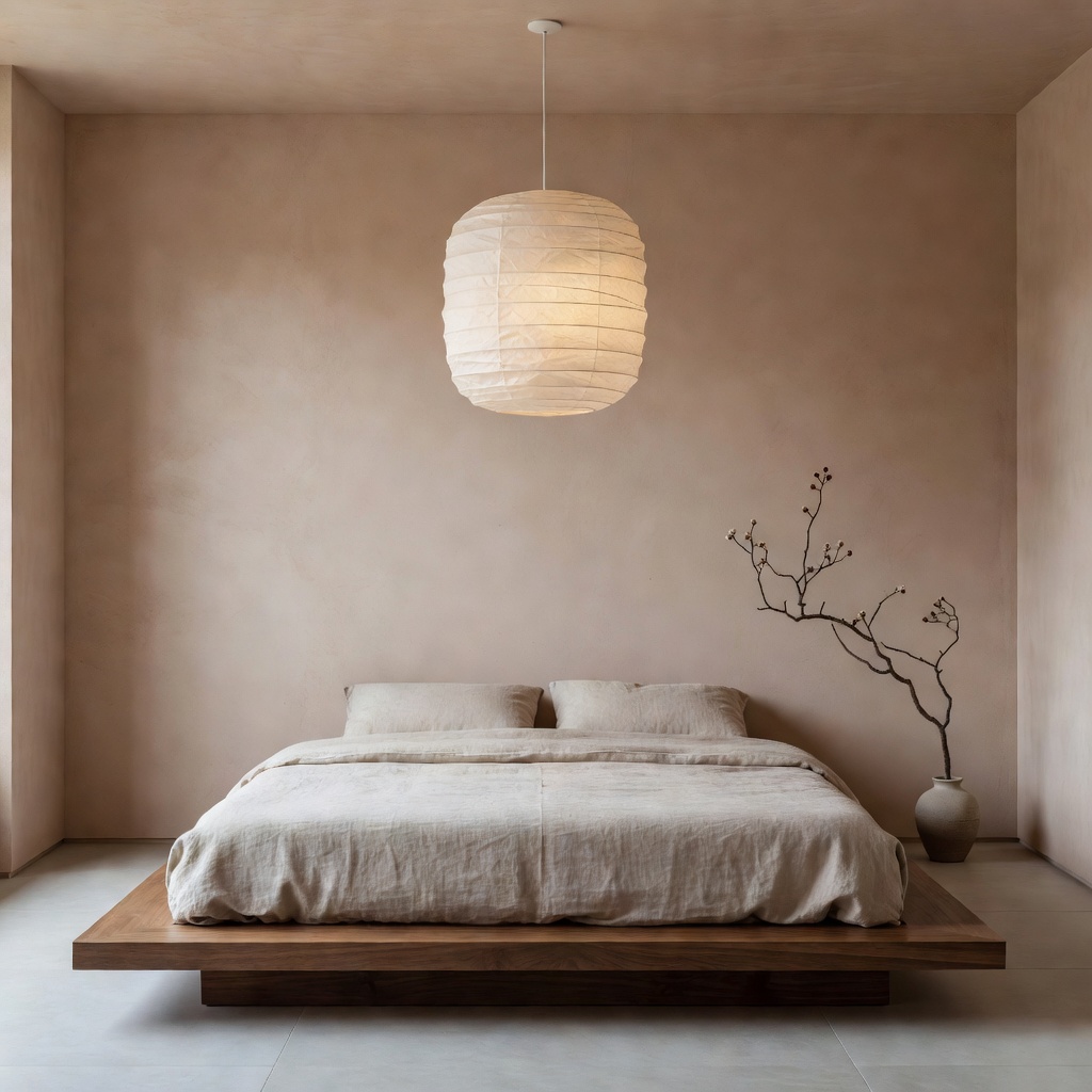 Stile japandi per redesign stanza AI con carta washi e argilla