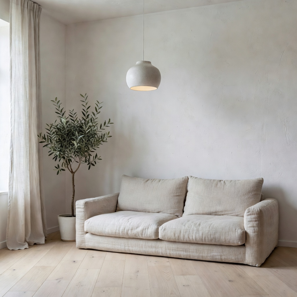 Stile scandinavo per design interni AI con rovere chiaro e lino